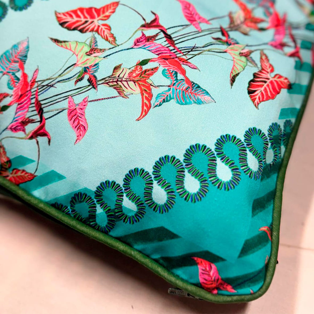 Luxurious Clytia Azure Cushion | Diagonal Geometric Leaf Print Eleni Malami