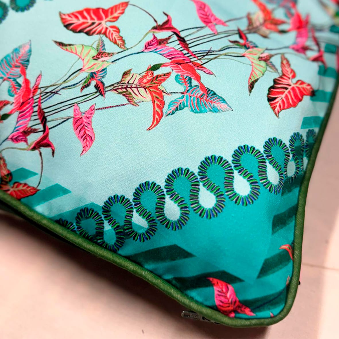 Luxurious Clytia Azure Cushion | Diagonal Geometric Leaf Print Eleni Malami