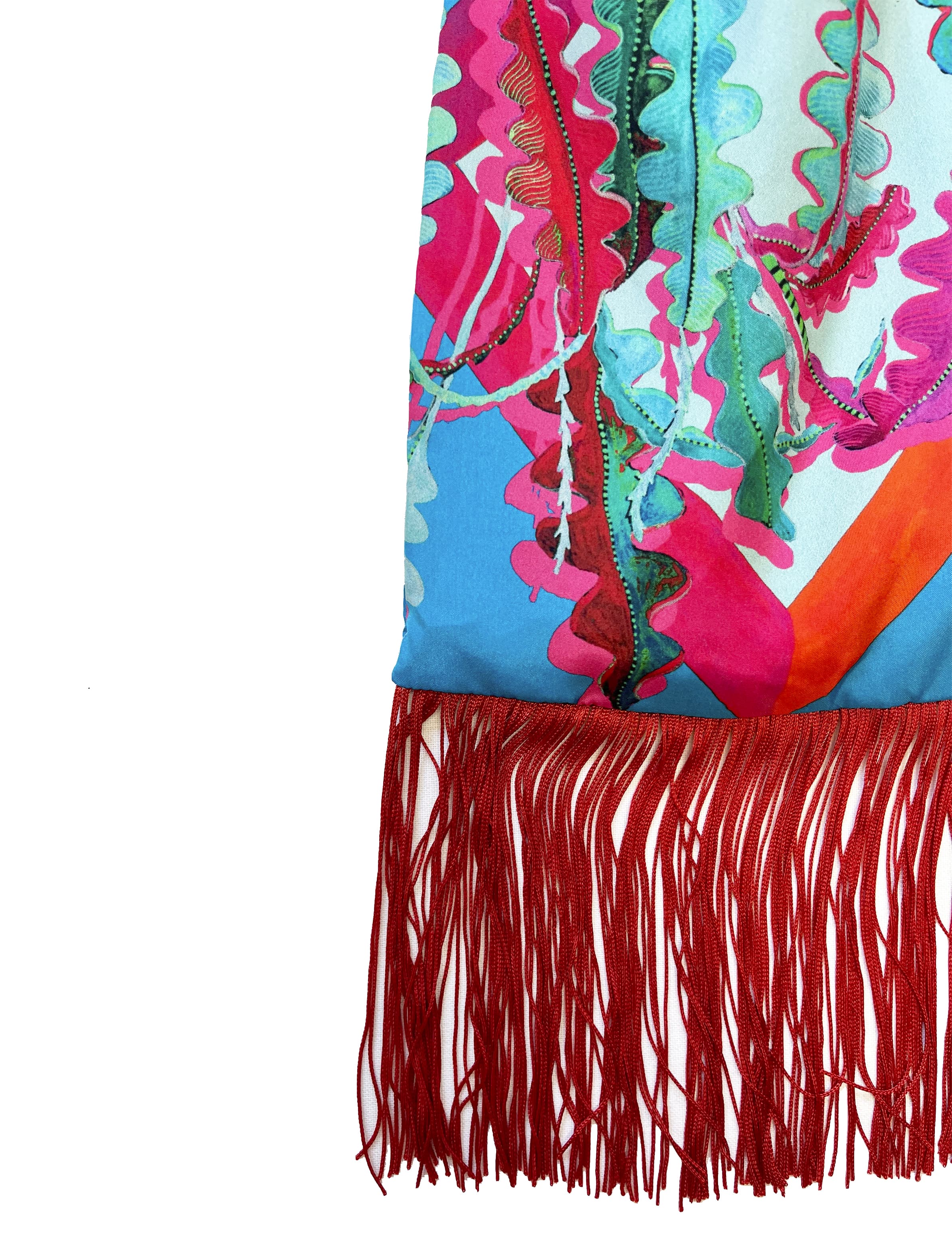 Fern Cerulean & Scarlet Silk Luxury Fringe Handbag Eleni Malami