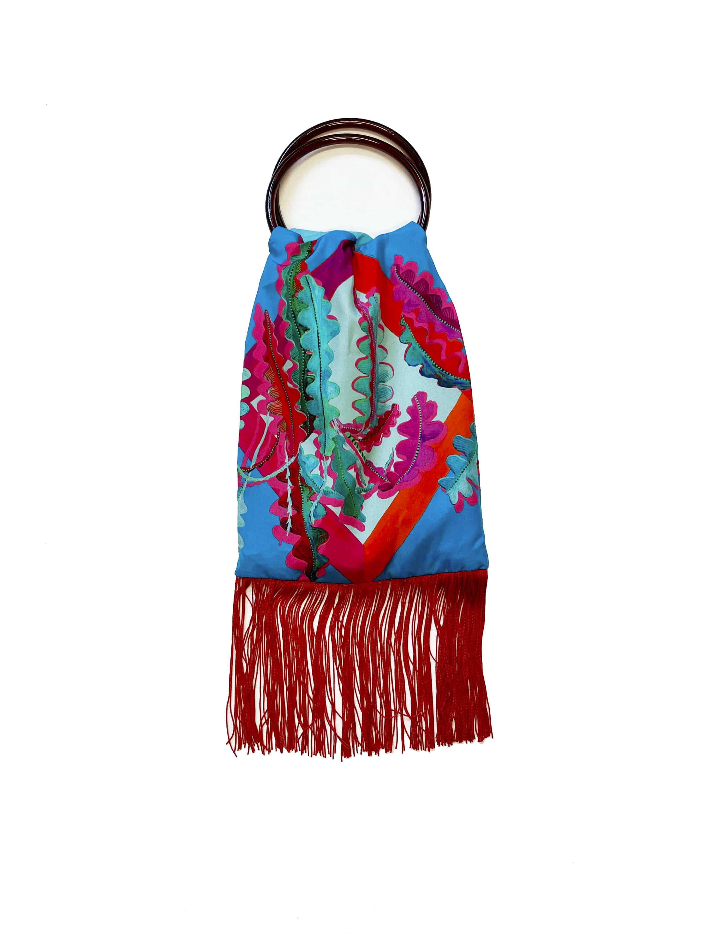 Fern Cerulean & Scarlet Silk Luxury Fringe Handbag Eleni Malami
