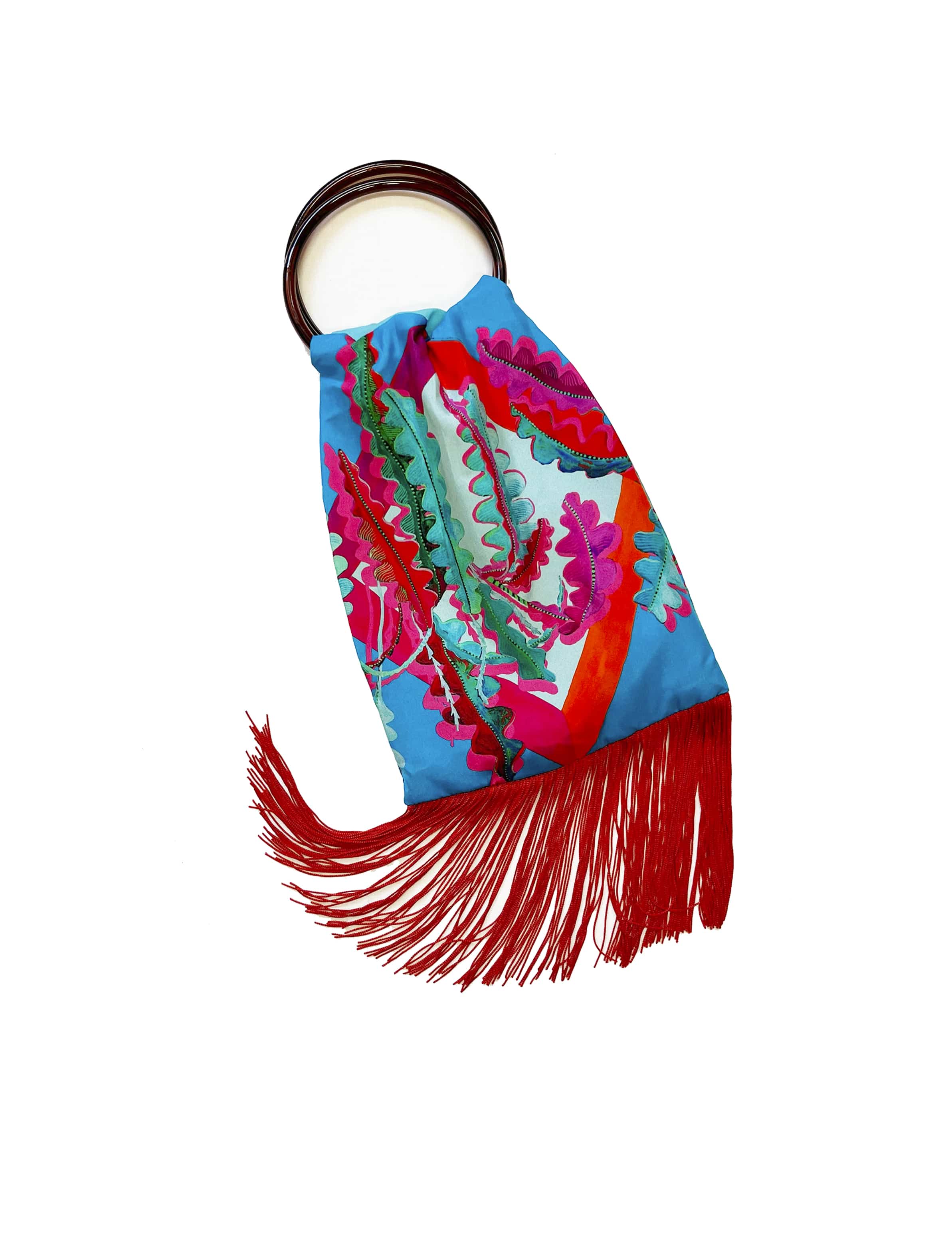Fern Cerulean & Scarlet Silk Luxury Fringe Handbag Eleni Malami