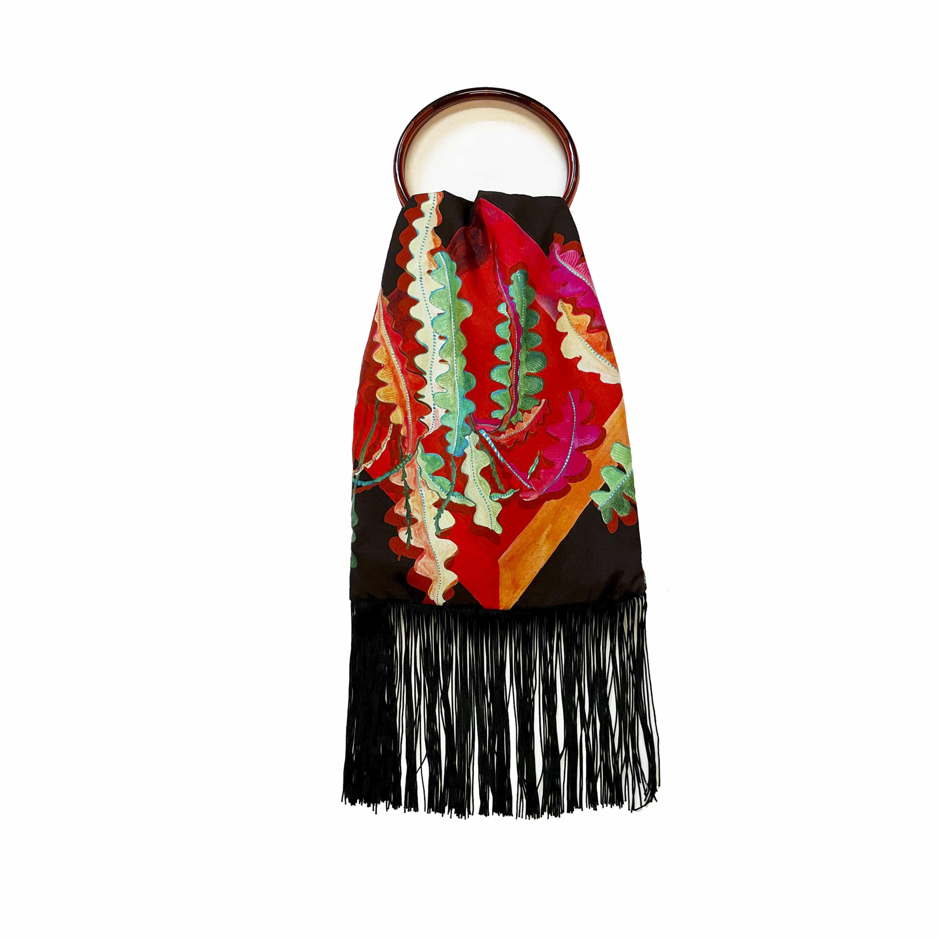 Fern Chocolate Brown & Crimson Red Silk Luxury Fringe Handbag Eleni Malami