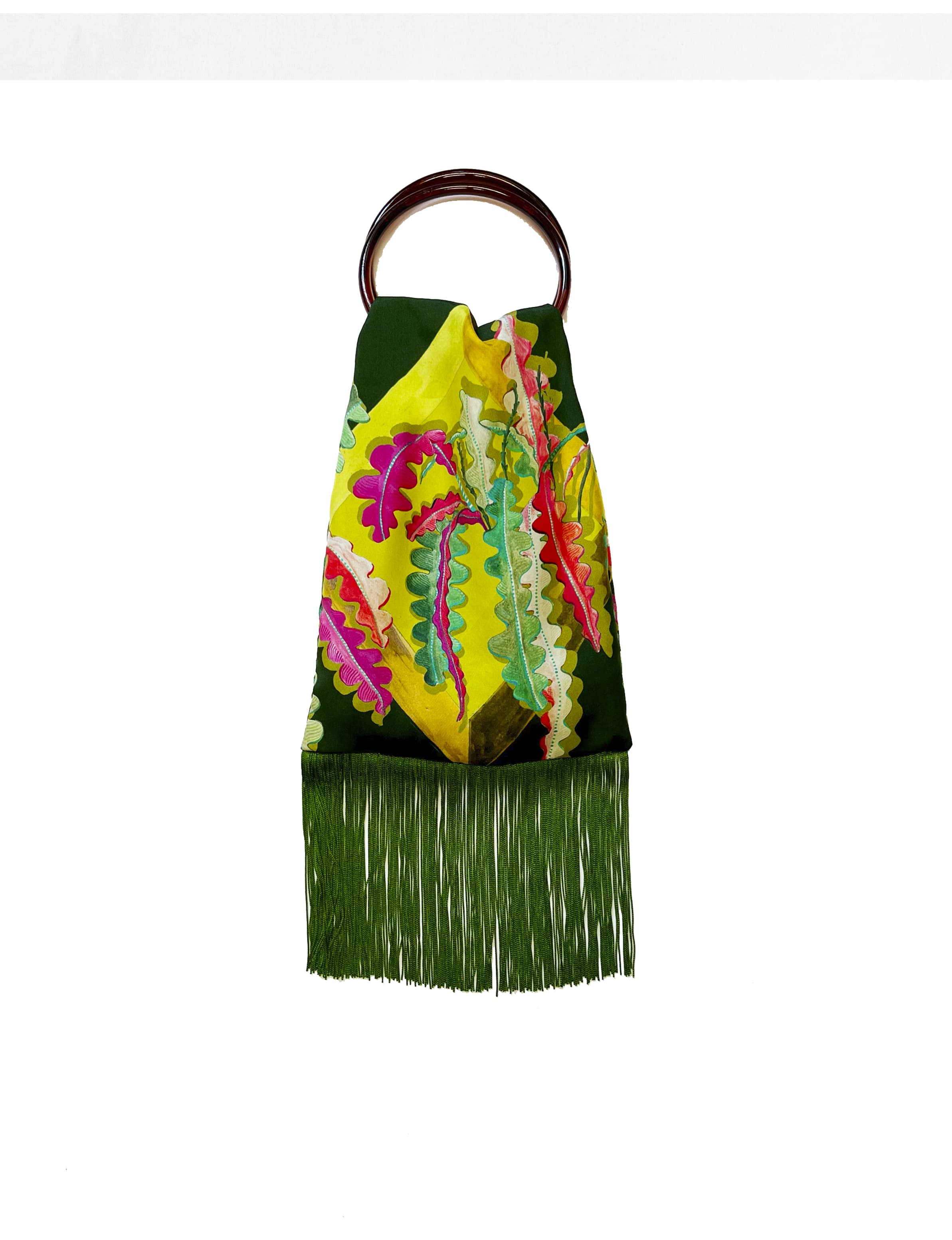 Fern Forest & Lime Silk Luxury Fringe Handbag Eleni Malami