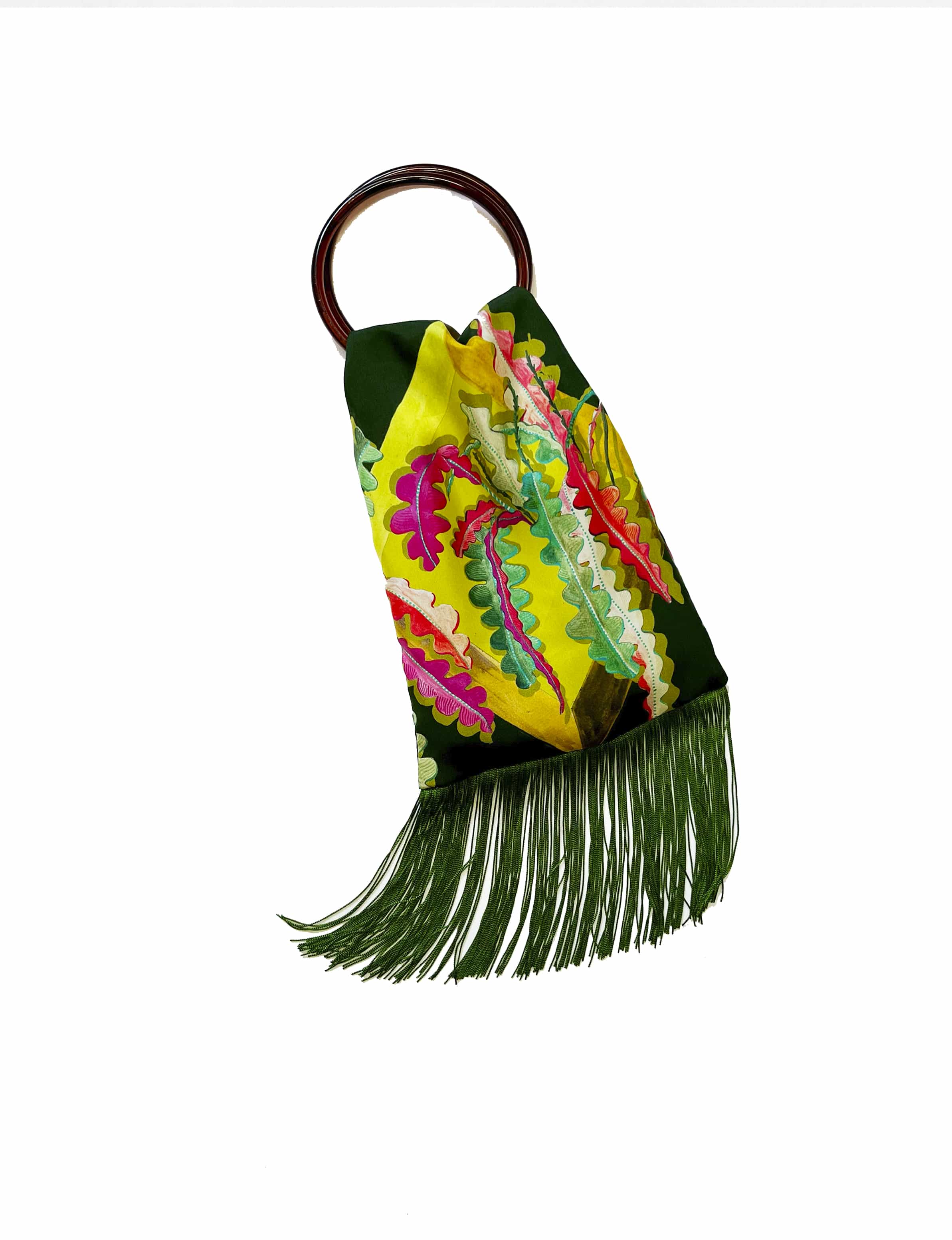 Fern Forest & Lime Silk Luxury Fringe Handbag Eleni Malami