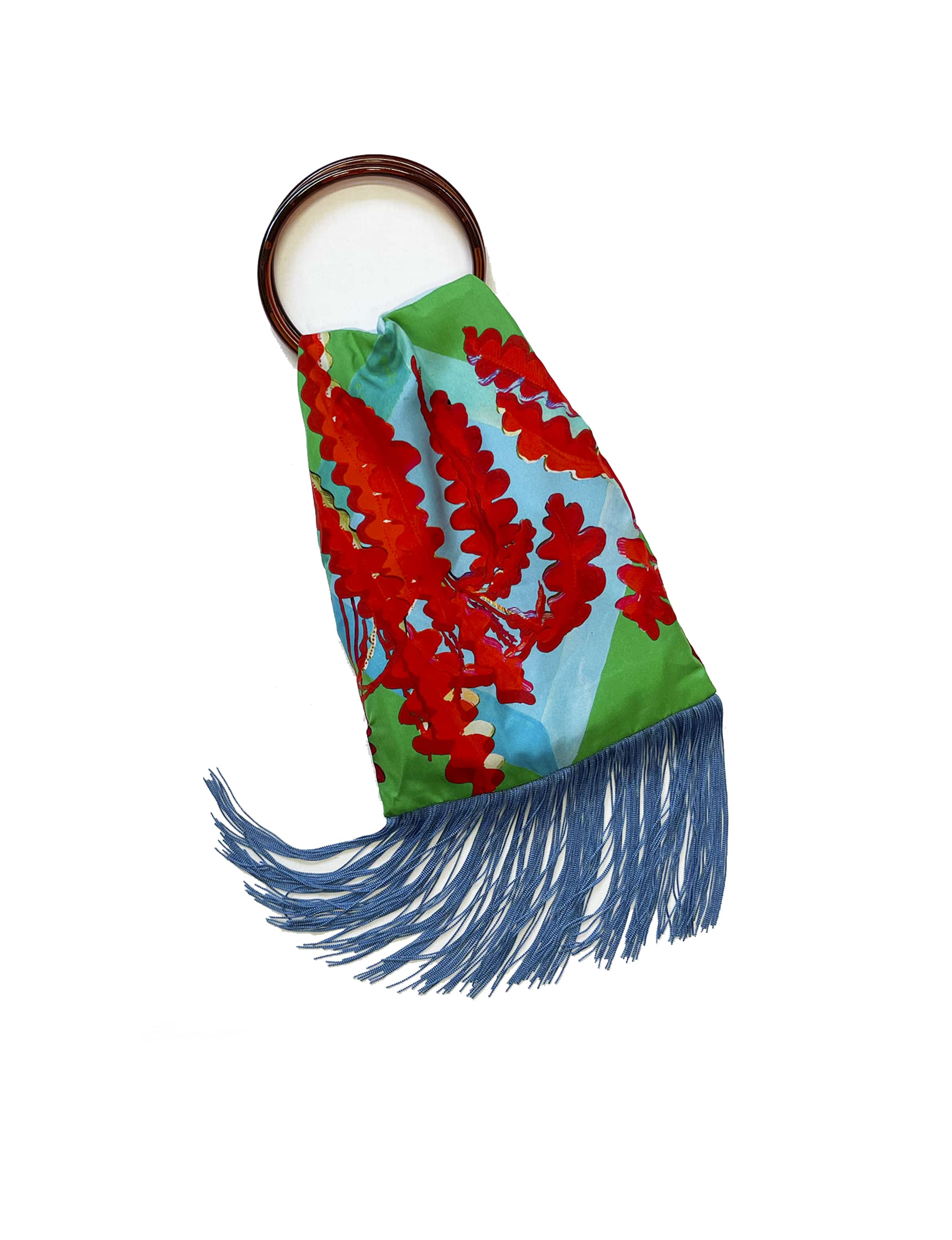 Fern Green & Scarlet Silk Luxury Fringe Handbag Eleni Malami