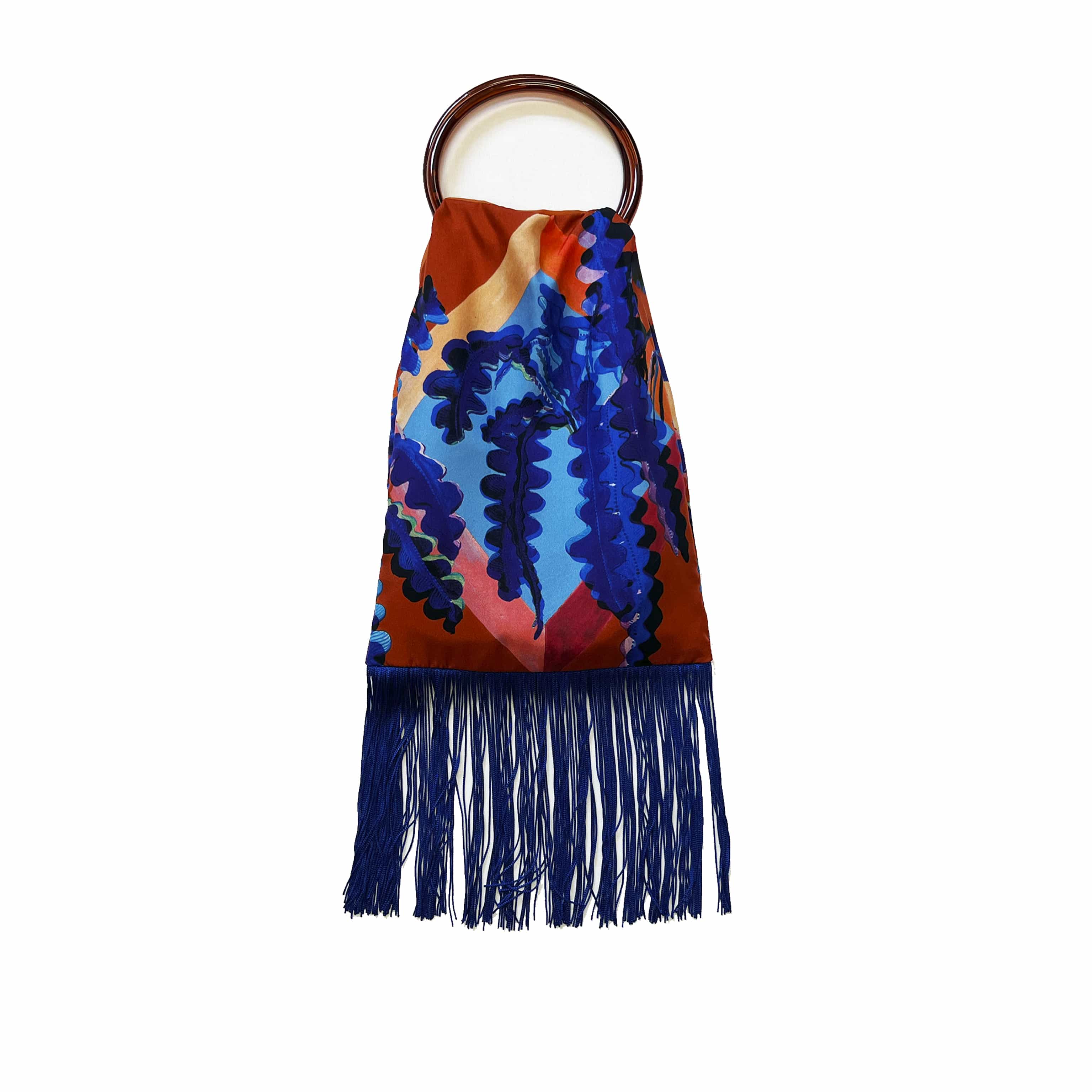 Fern Toffee & Cobalt Silk Luxury Fringe Handbag Eleni Malami