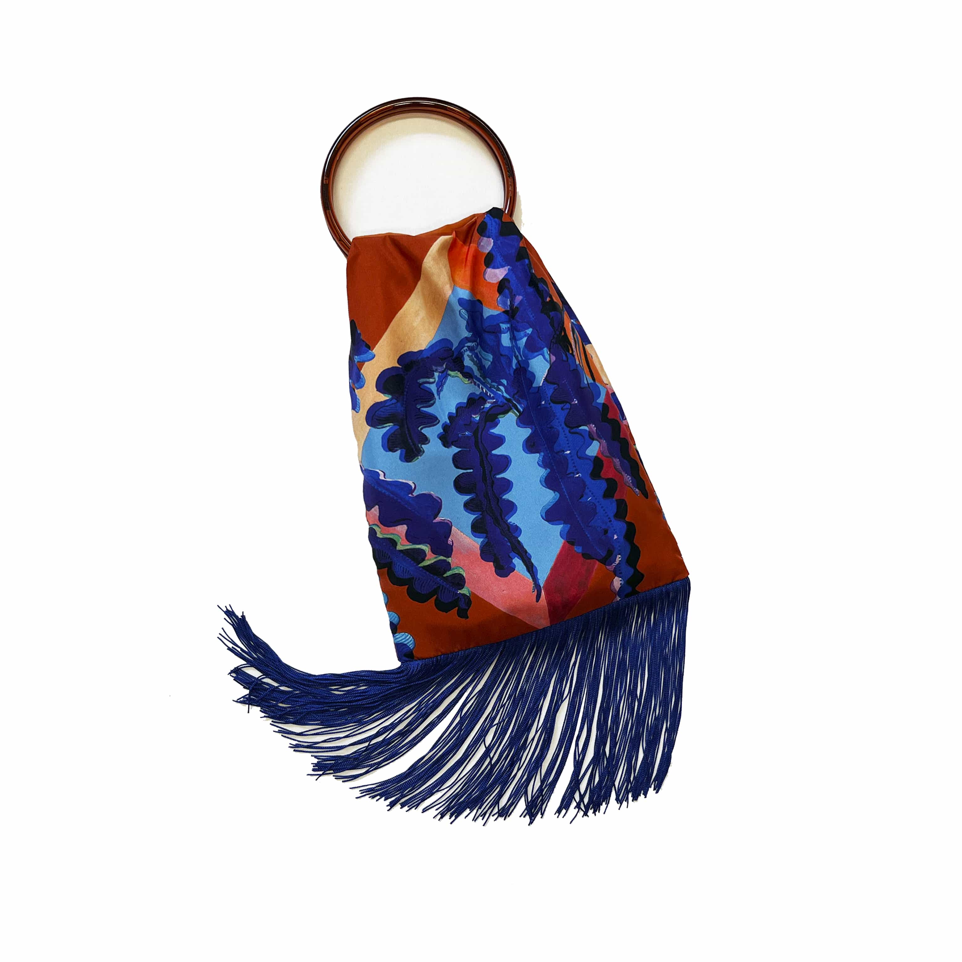 Fern Toffee & Cobalt Silk Luxury Fringe Handbag Eleni Malami