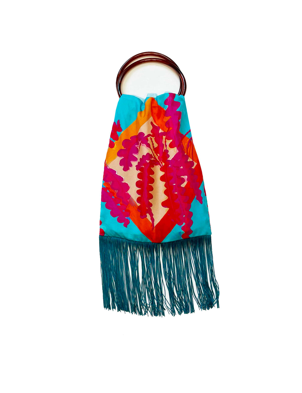Fern Turquoise & Fuchsia Silk Luxury Fringe Handbag Eleni Malami