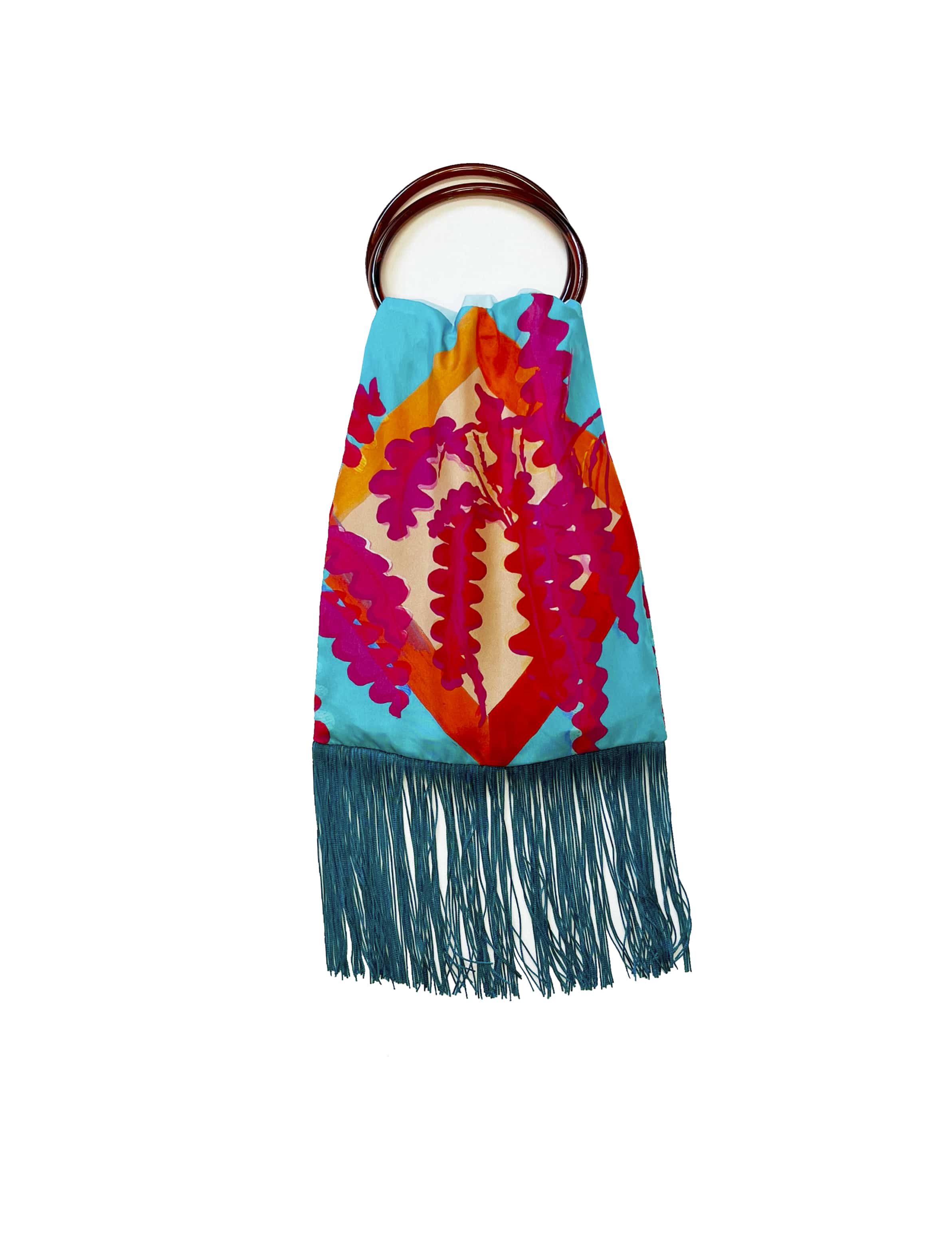 Fern Turquoise & Fuchsia Silk Luxury Fringe Handbag Eleni Malami