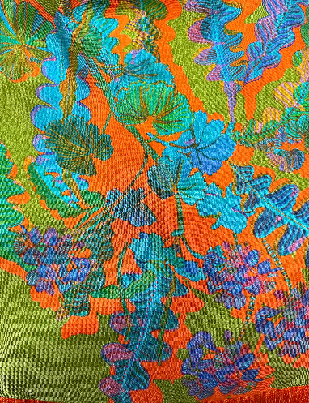 Geranium Green & Orange Silk Luxury Fringe Handbag Eleni Malami