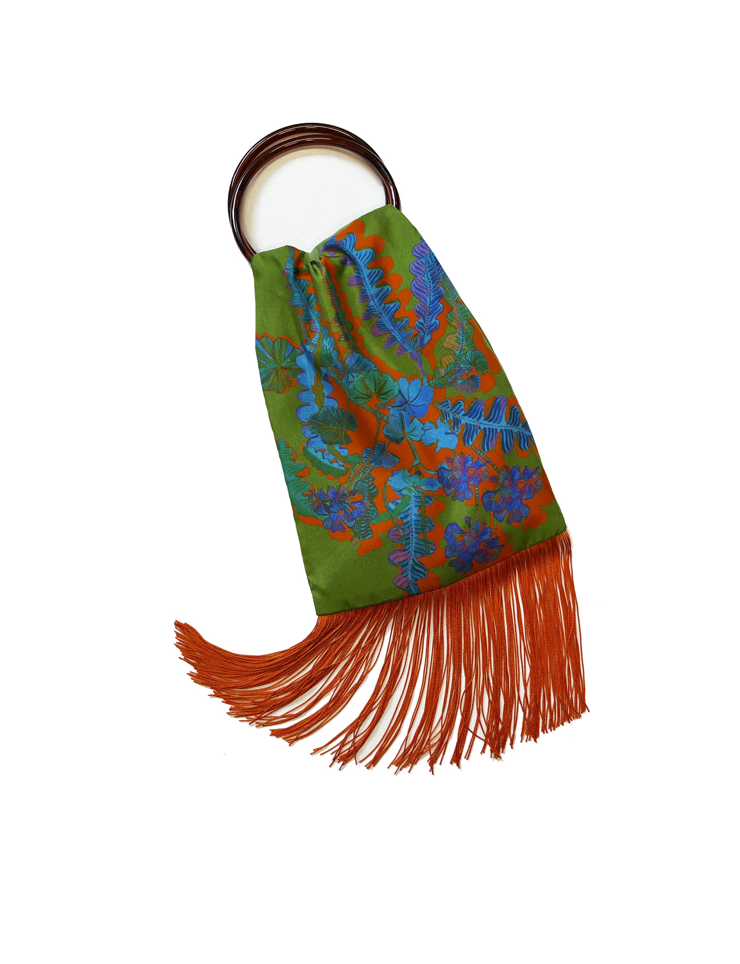 Geranium Green & Orange Silk Luxury Fringe Handbag Eleni Malami