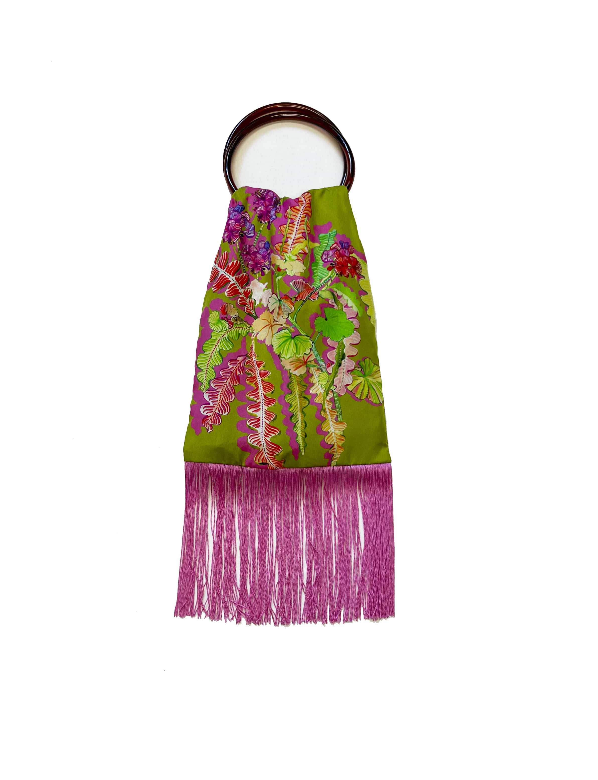Geranium Olive and Magenta Silk Luxury Fringe Handbag Eleni Malami