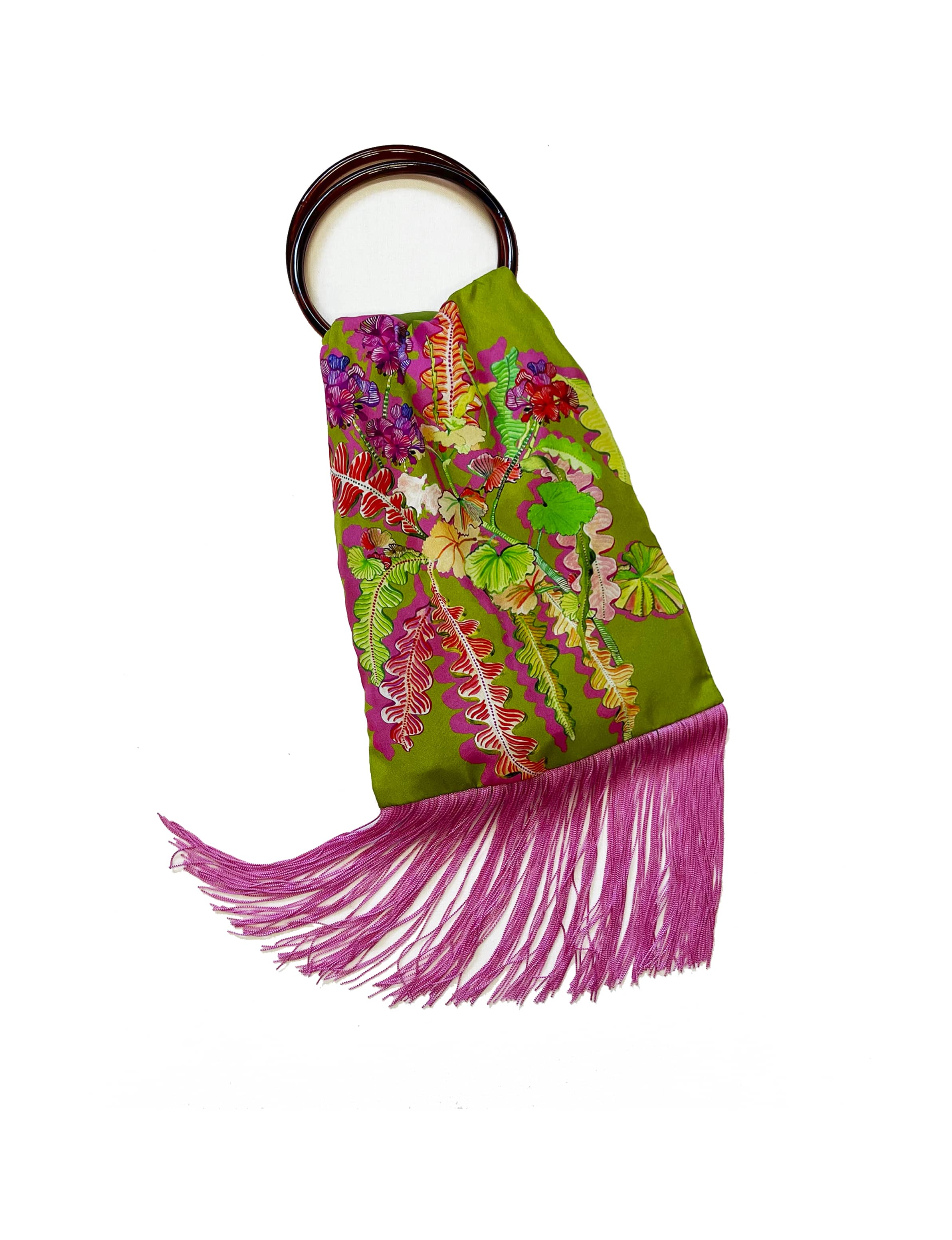 Geranium Olive and Magenta Silk Luxury Fringe Handbag Eleni Malami