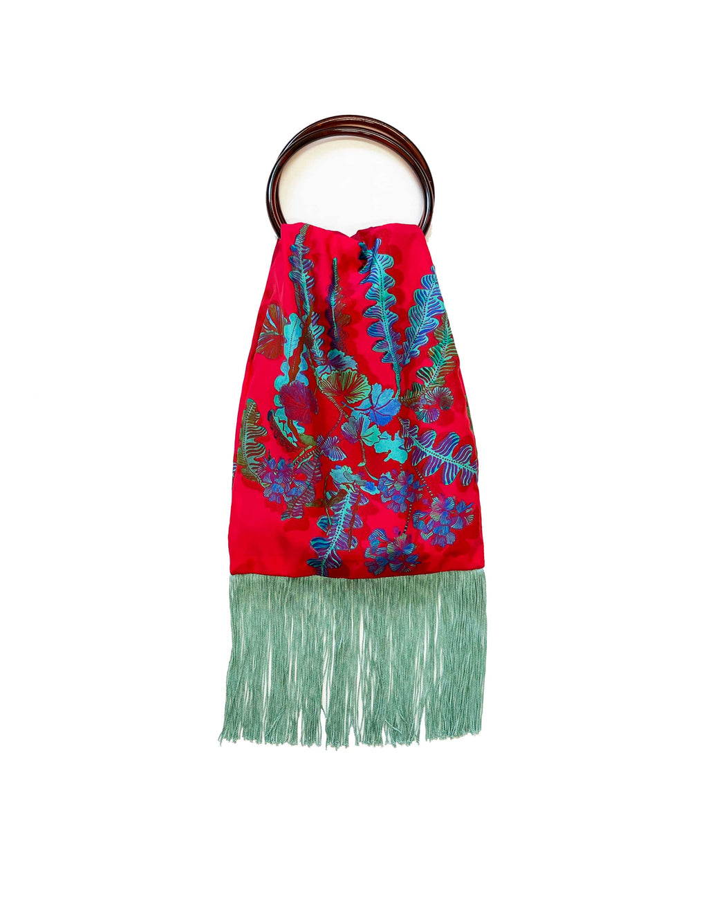 Geranium Plum & Mint Silk Luxury Fringe Handbag Eleni Malami