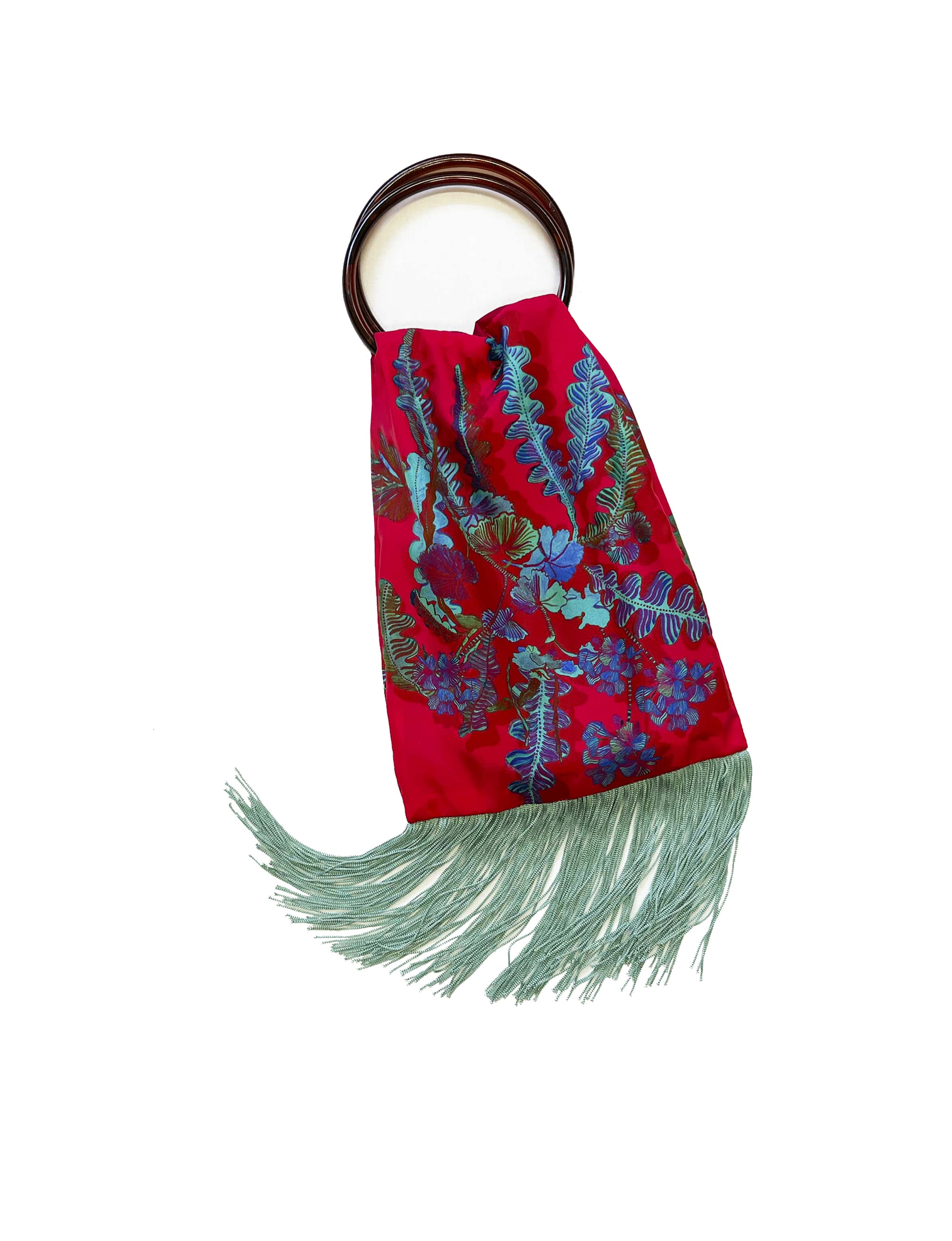 Geranium Plum & Mint Silk Luxury Fringe Handbag Eleni Malami