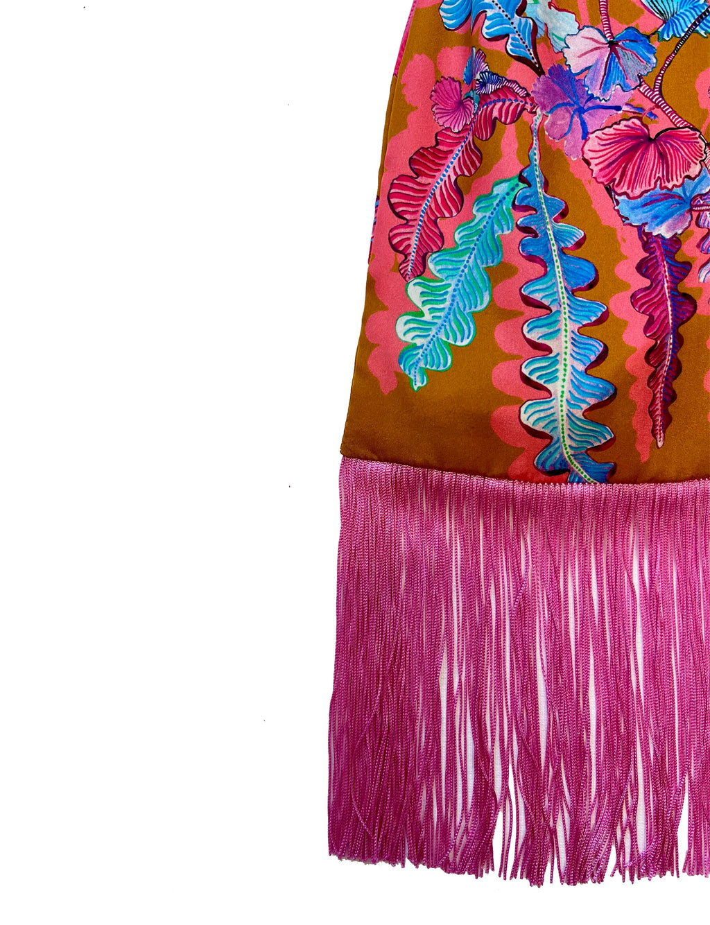 Geranium Toffee & Magenta Silk Luxury Fringe Handbag Eleni Malami