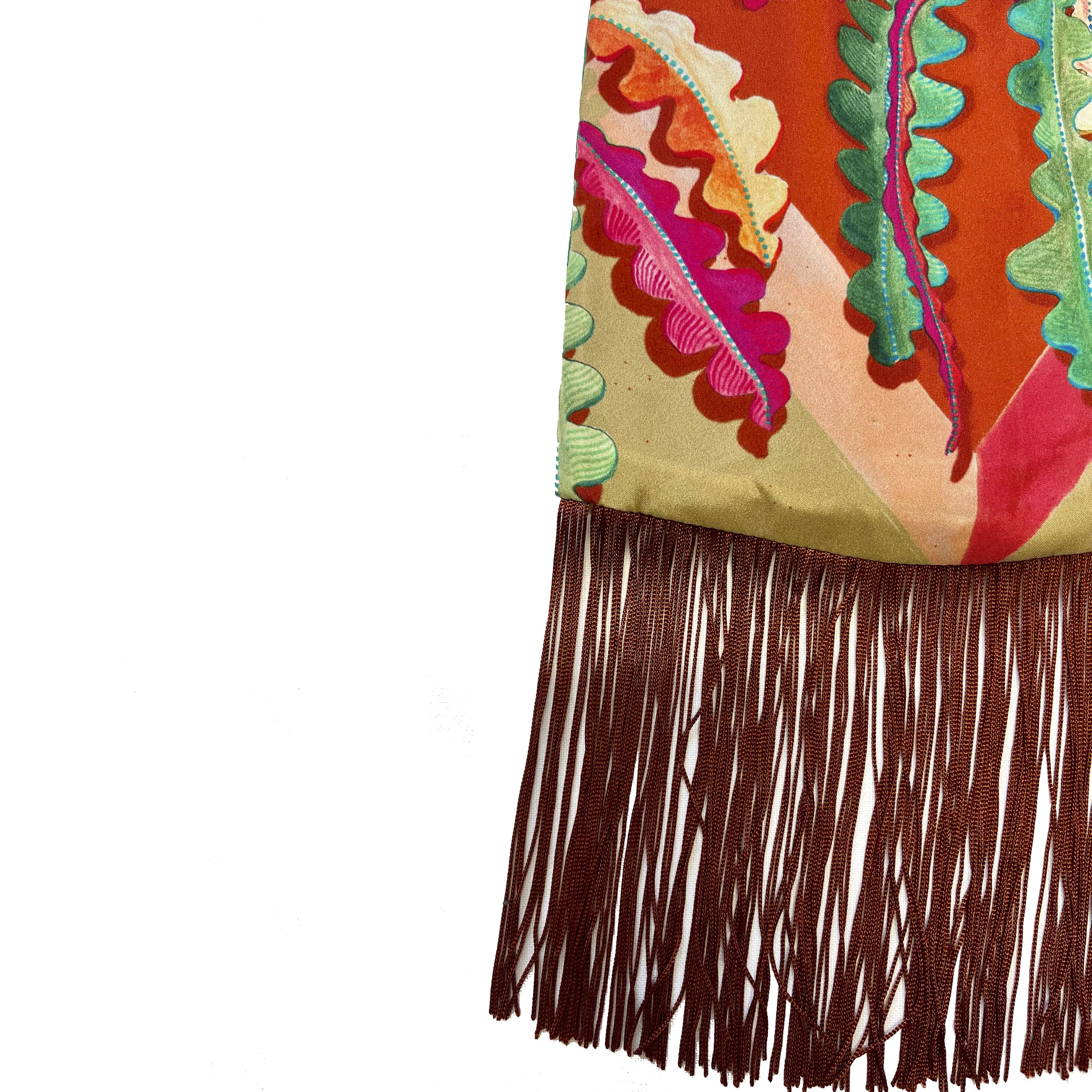 Fern Beige & Burnt Orange Silk Luxury Fringe Handbag Handbbag Eleni Malami