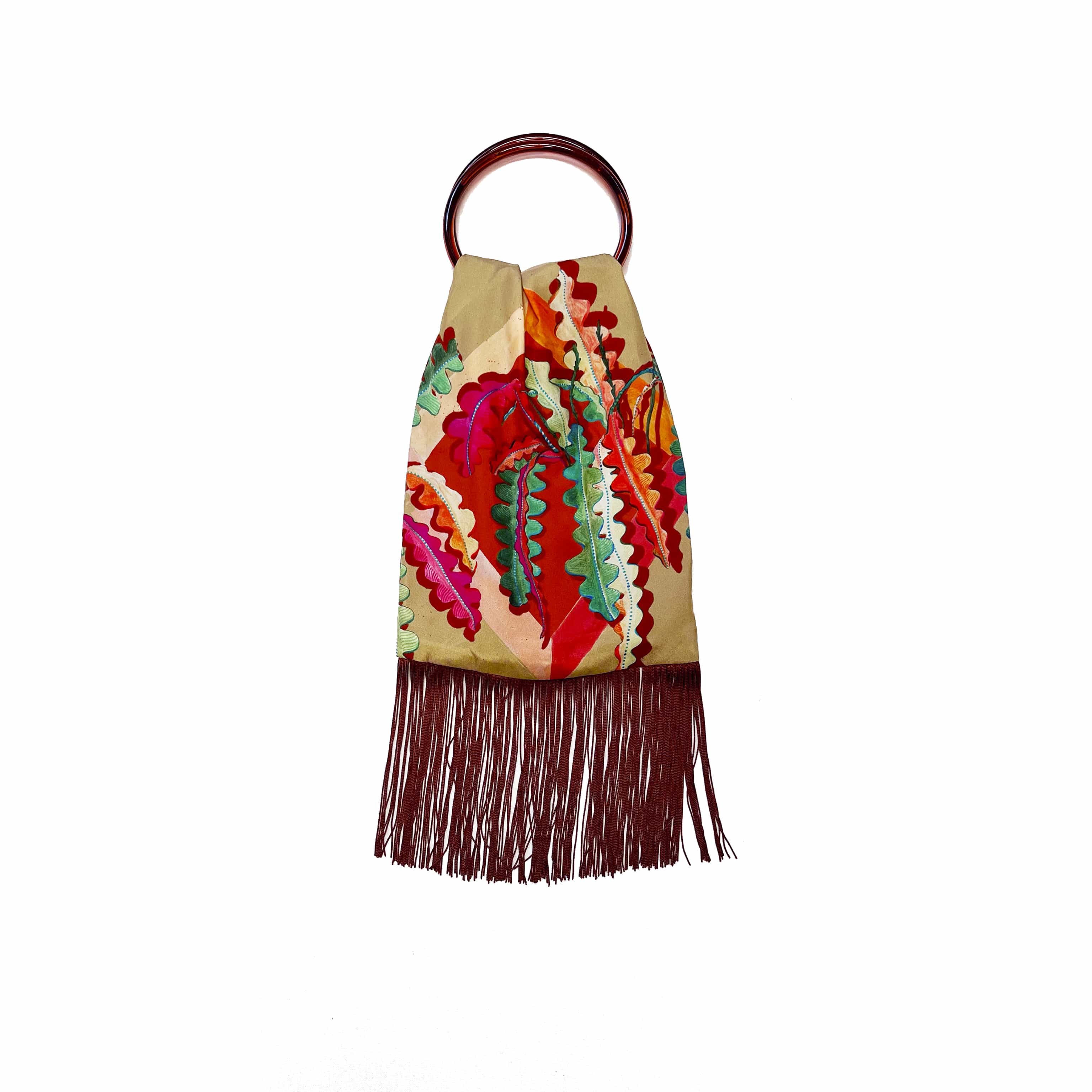 Fern Beige & Burnt Orange Silk Luxury Fringe Handbag Handbbag Eleni Malami