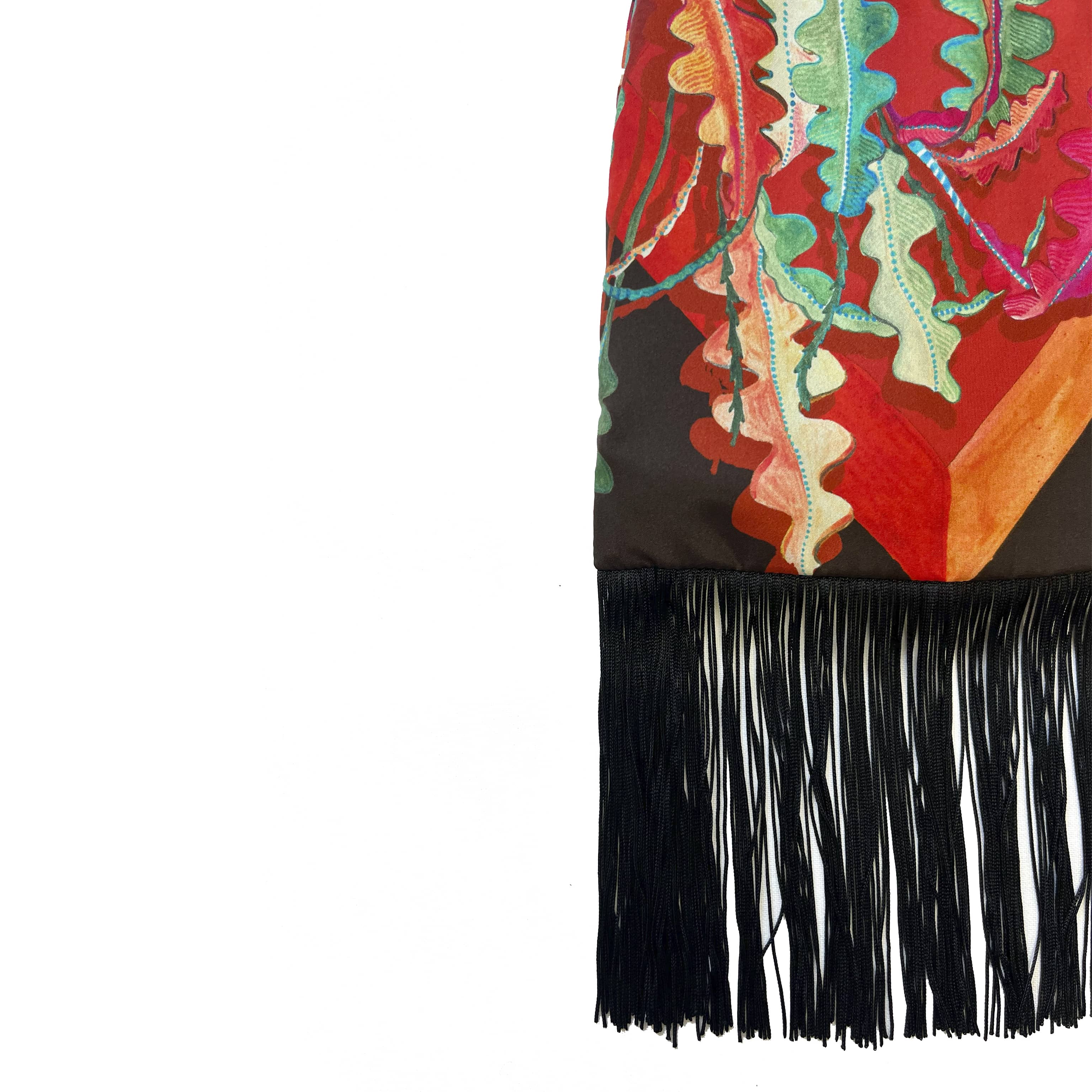 Fern Chocolate Brown & Crimson Red Silk Luxury Fringe Handbag Handbbag Eleni Malami