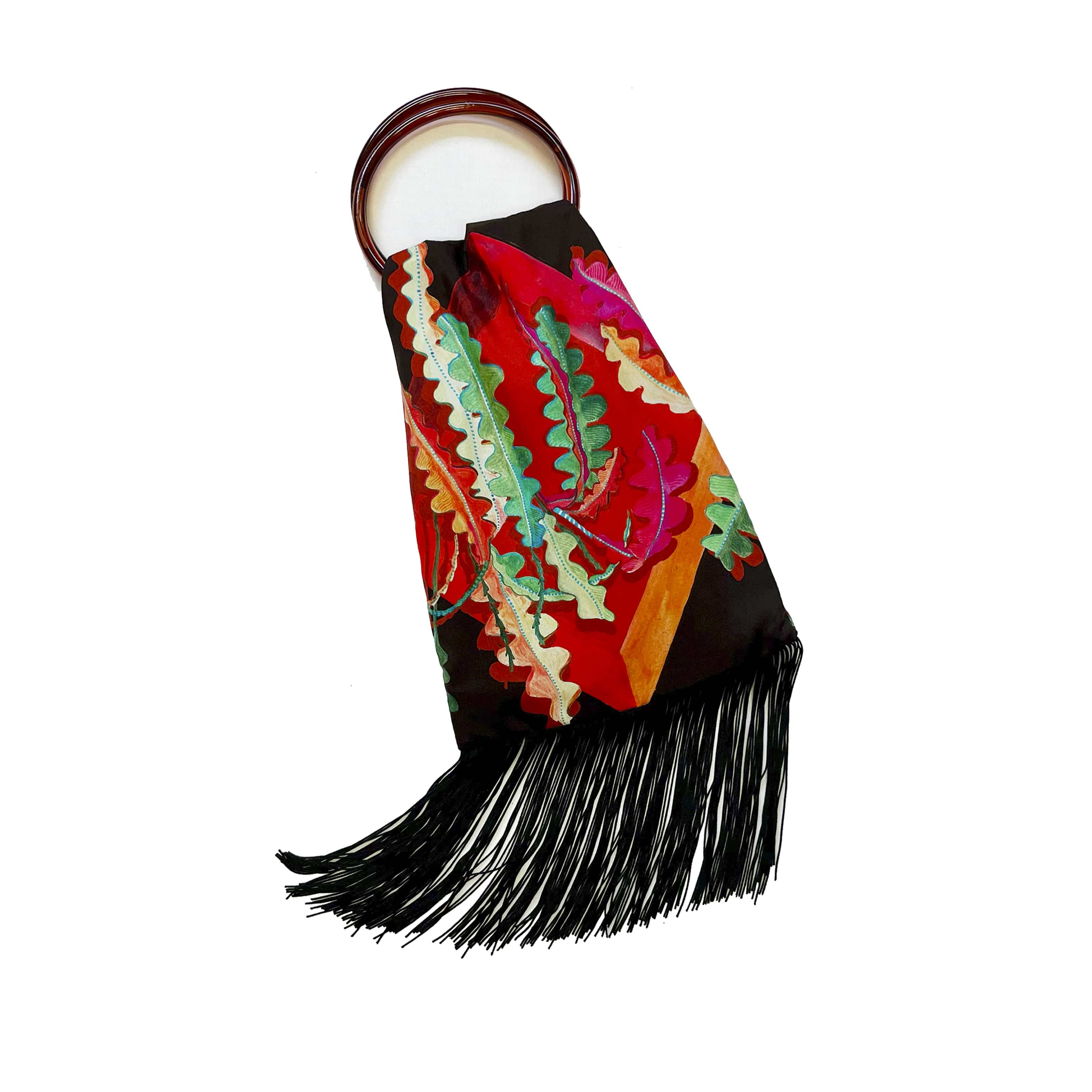 Fern Chocolate Brown & Crimson Red Silk Luxury Fringe Handbag Handbbag Eleni Malami