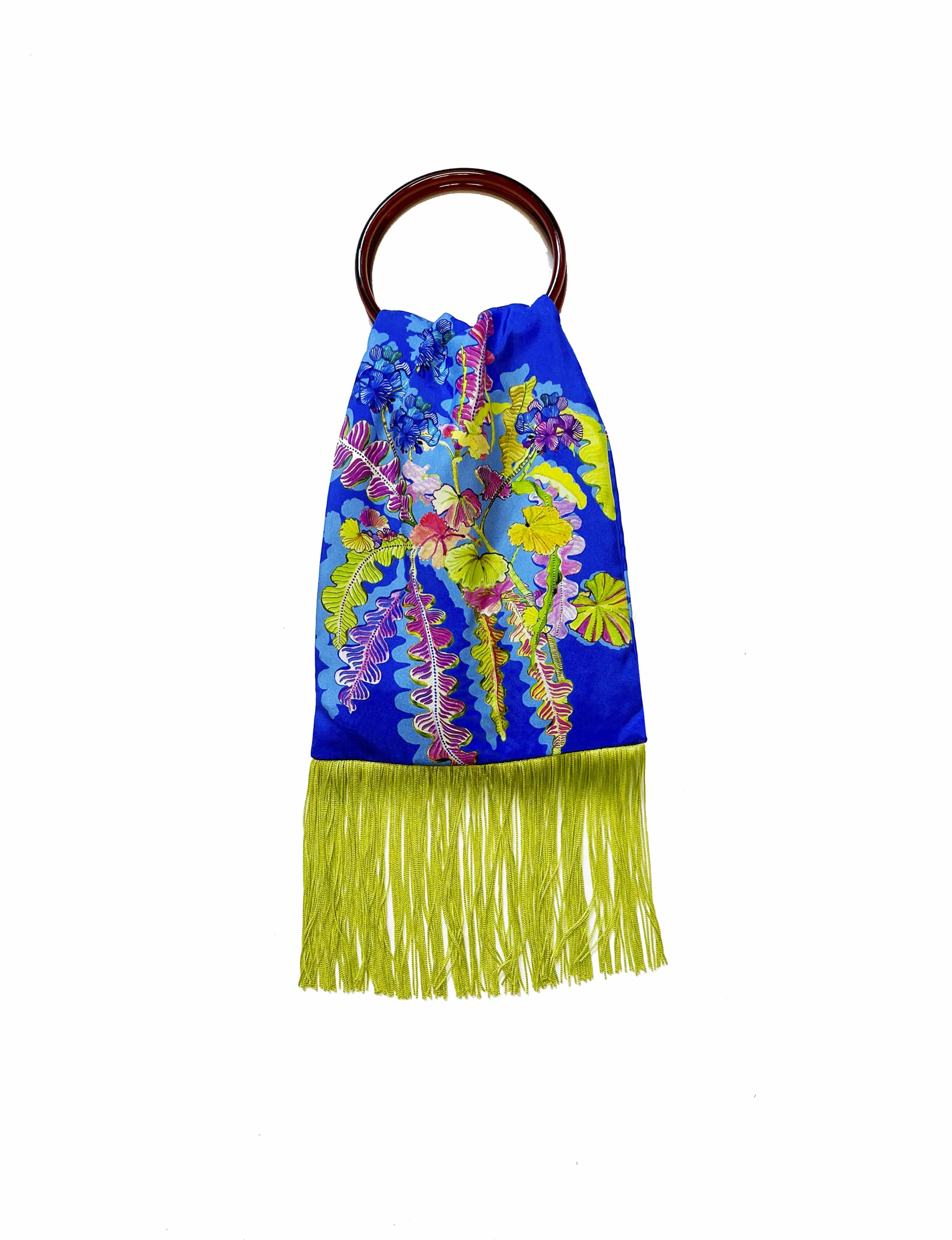 Geranium Cobalt & Lime Silk Luxury Fringe Handbag Handbbag Eleni Malami