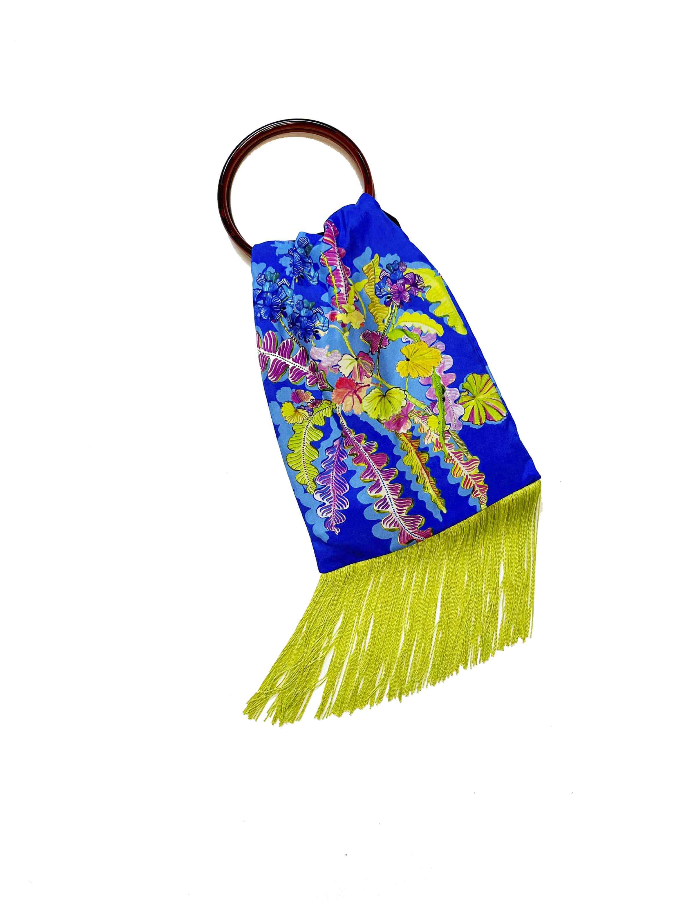 Geranium Cobalt & Lime Silk Luxury Fringe Handbag Handbbag Eleni Malami