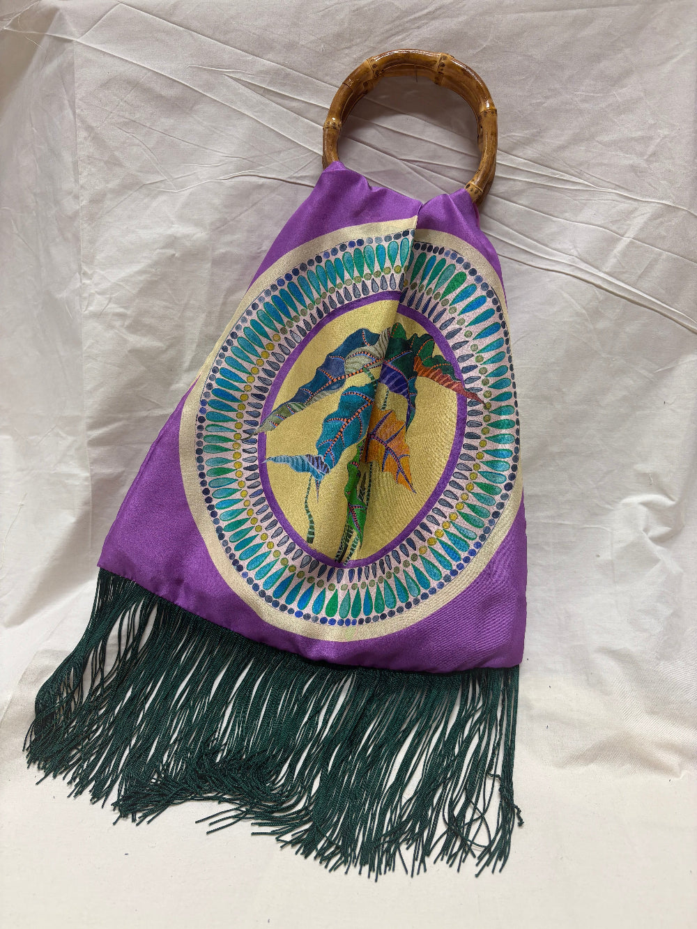 Margarita Purple Large Silk Luxury Handbag with Bamboo Handle Eleni Malami