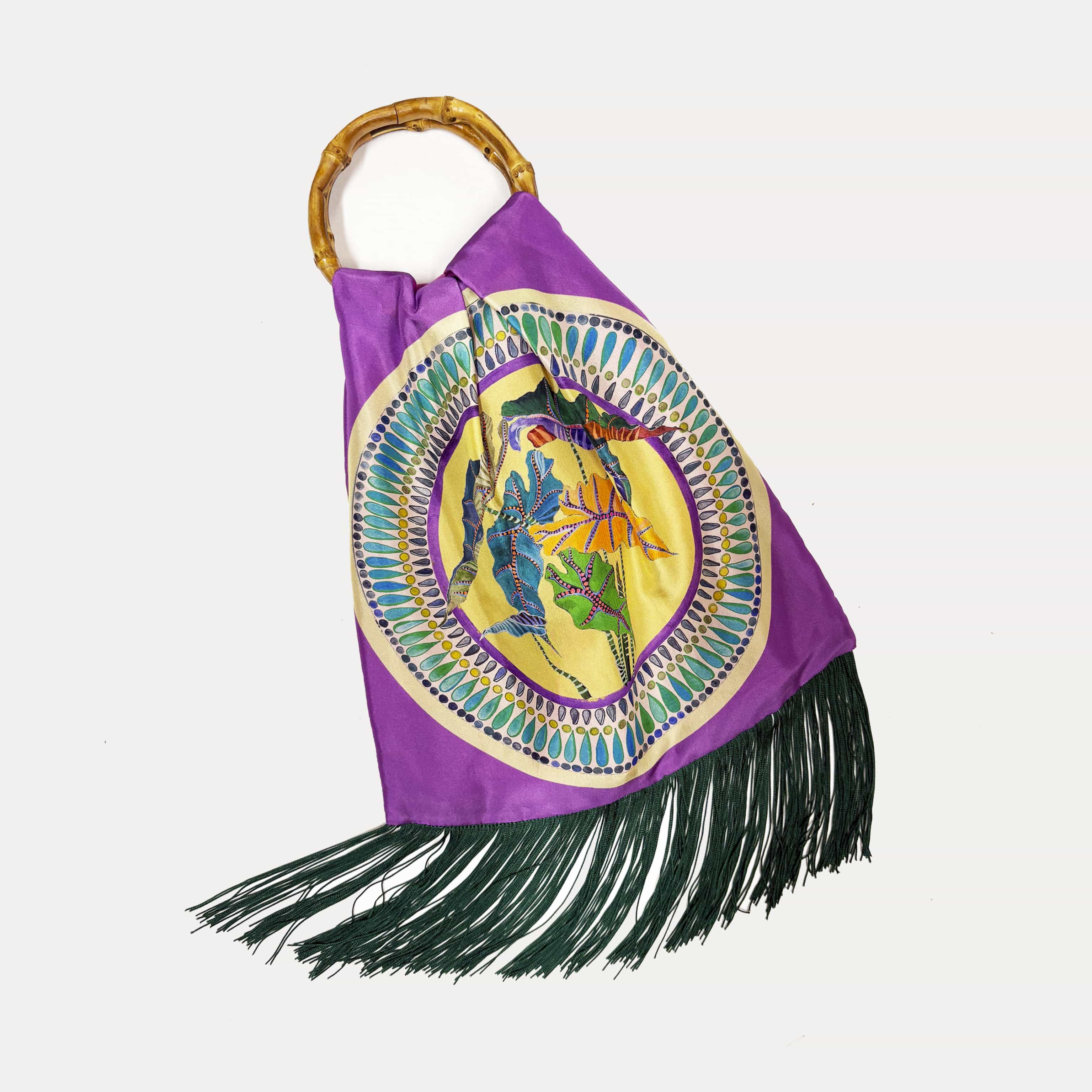 Margarita Purple Large Silk Luxury Handbag with Bamboo Handle Eleni Malami