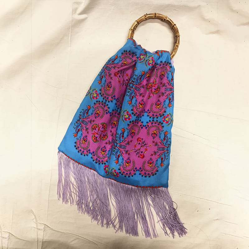 Myrine Ciel & Lilac Large Silk Luxury Handbag with Bamboo Handle Eleni Malami