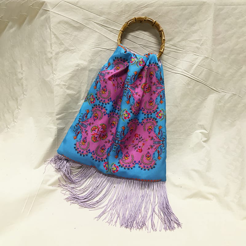 Myrine Ciel & Lilac Large Silk Luxury Handbag with Bamboo Handle Eleni Malami