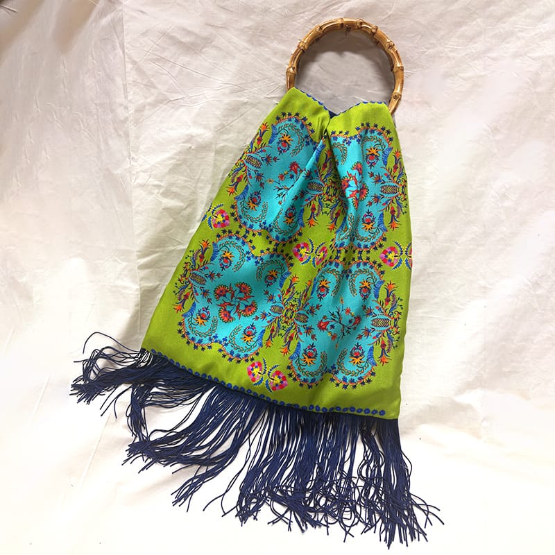 Myrine Olive Large Silk Luxury Handbag with Bamboo Handle Eleni Malami