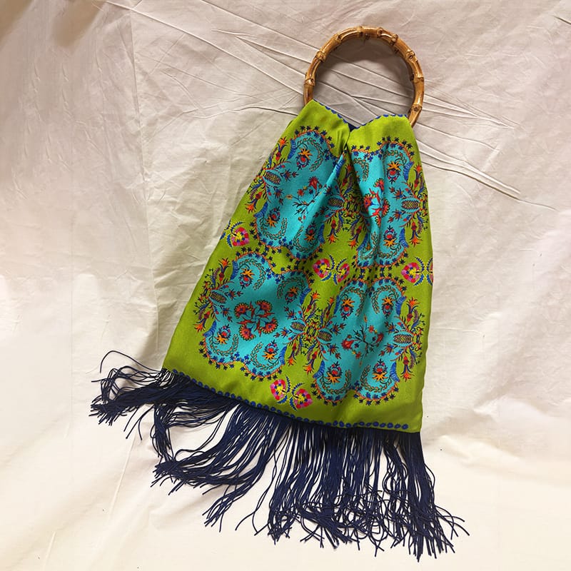 Myrine Olive Large Silk Luxury Handbag with Bamboo Handle Eleni Malami