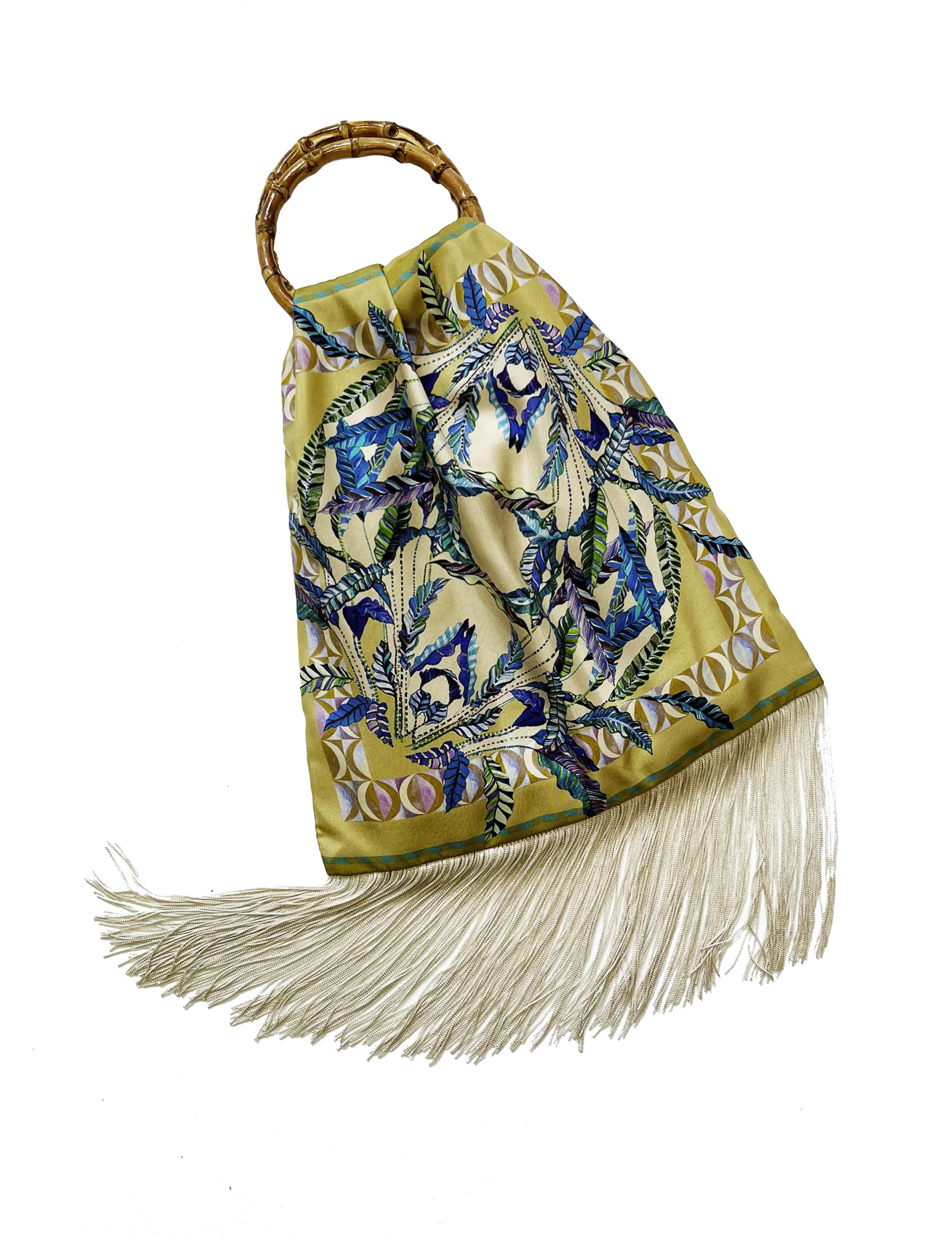 Sappho Gold and Cream Large Silk Luxury Fringe Handbag Eleni Malami