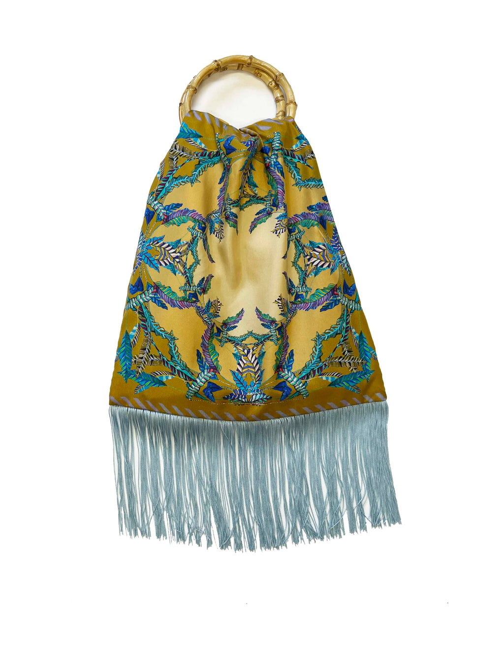 Sappho Gold & Teal Large Silk Luxury Fringe Handbag Eleni Malami