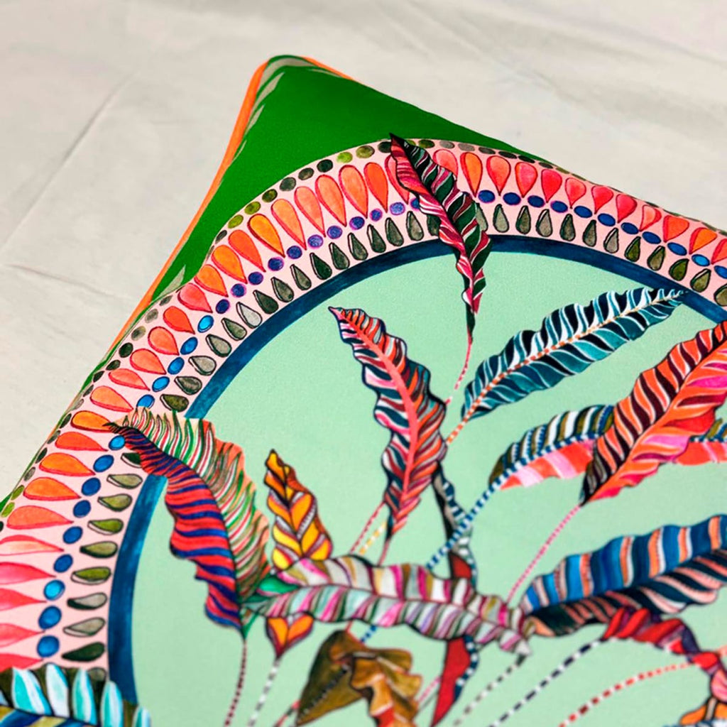 Sappho Green Cushion - Luxury Handmade Tropical Print Eleni Malami