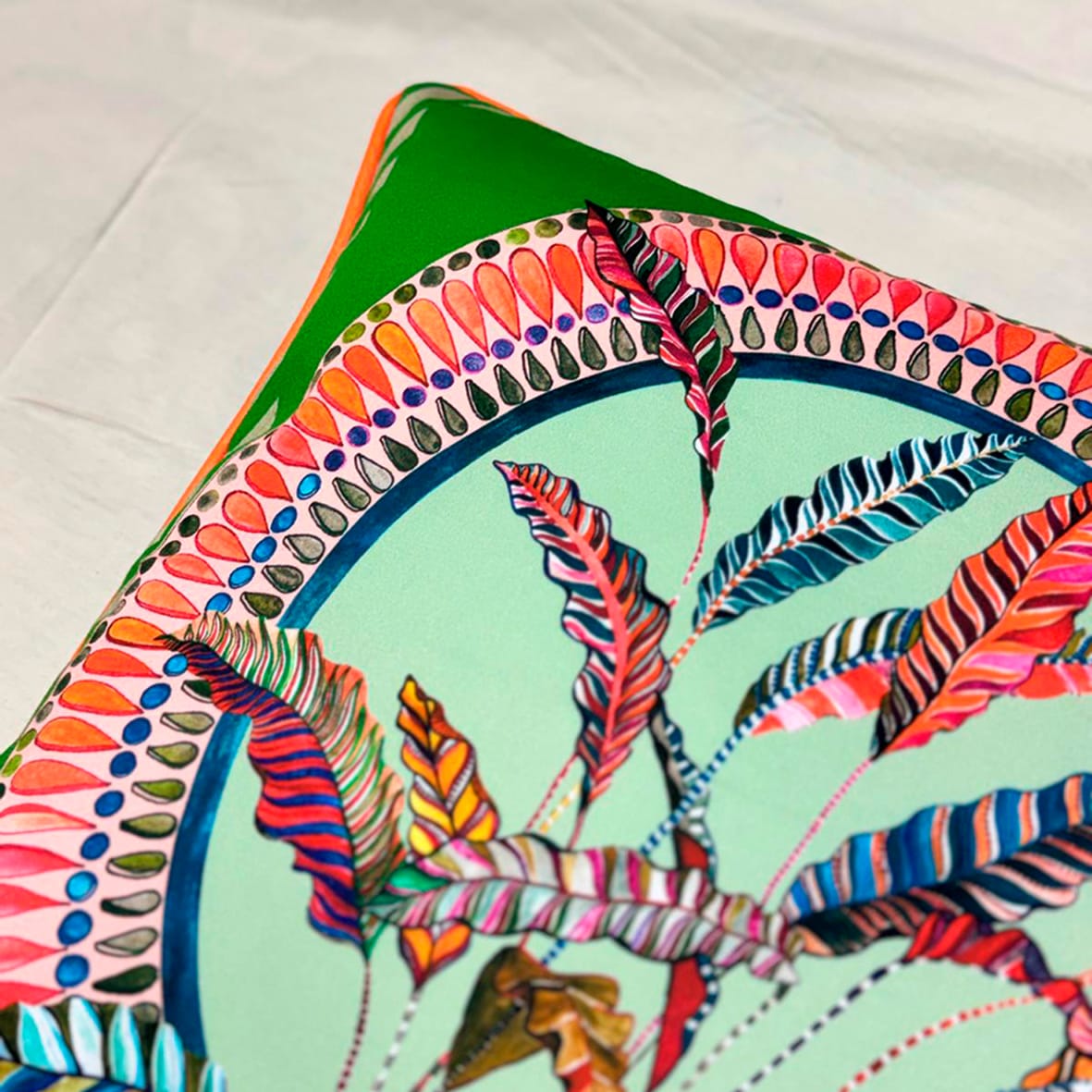 Sappho Green Cushion - Luxury Handmade Tropical Print Eleni Malami