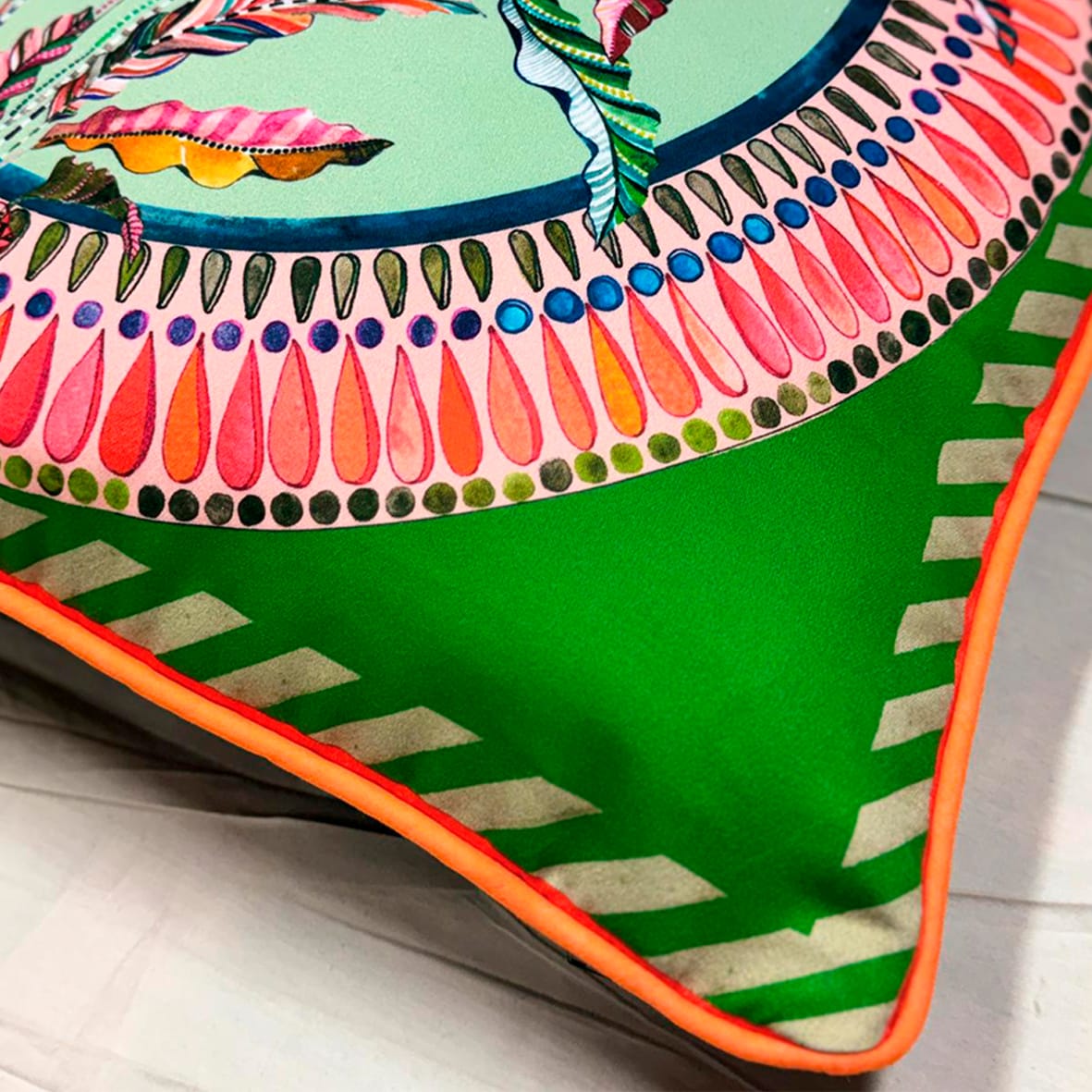 Sappho Green Cushion - Luxury Handmade Tropical Print Eleni Malami