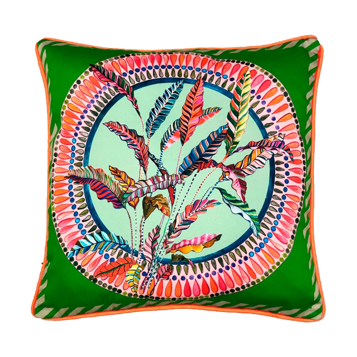 Sappho Green Cushion - Luxury Handmade Tropical Print Eleni Malami