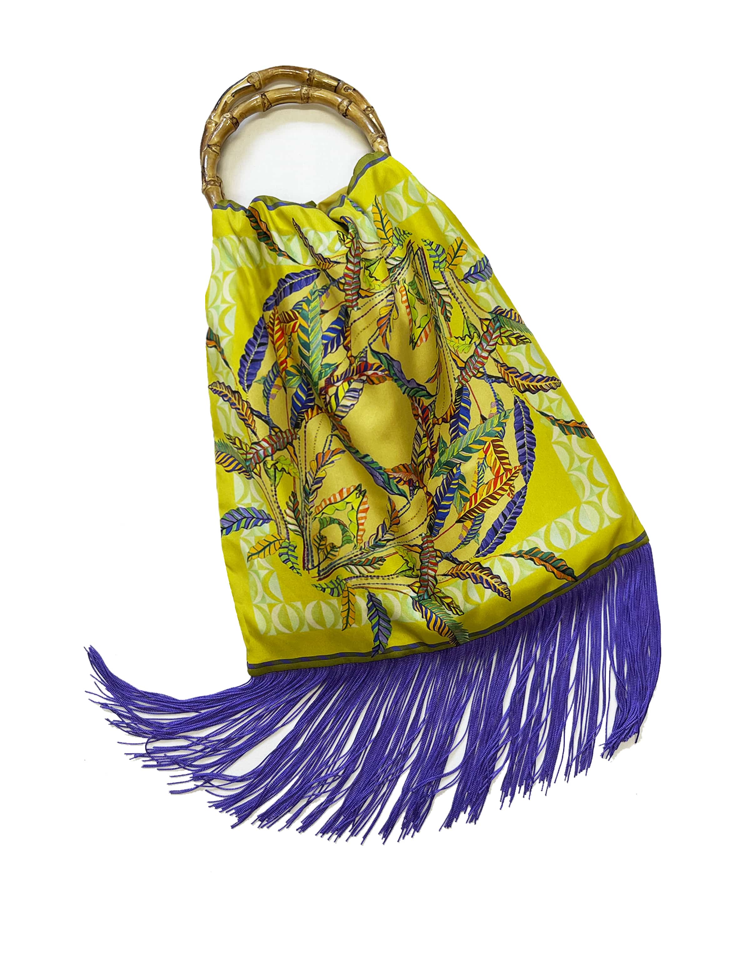 Sappho Lemon & Purple Large Silk Luxury Fringe Handbag Eleni Malami
