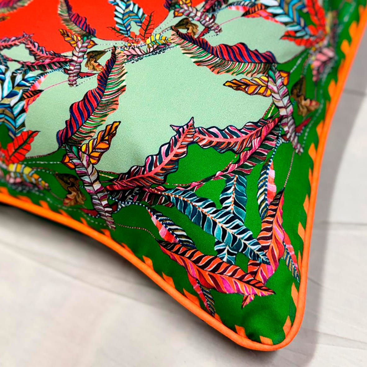 Sappho Orange & Green Cushion - Luxury Handmade Botanical Print Eleni Malami