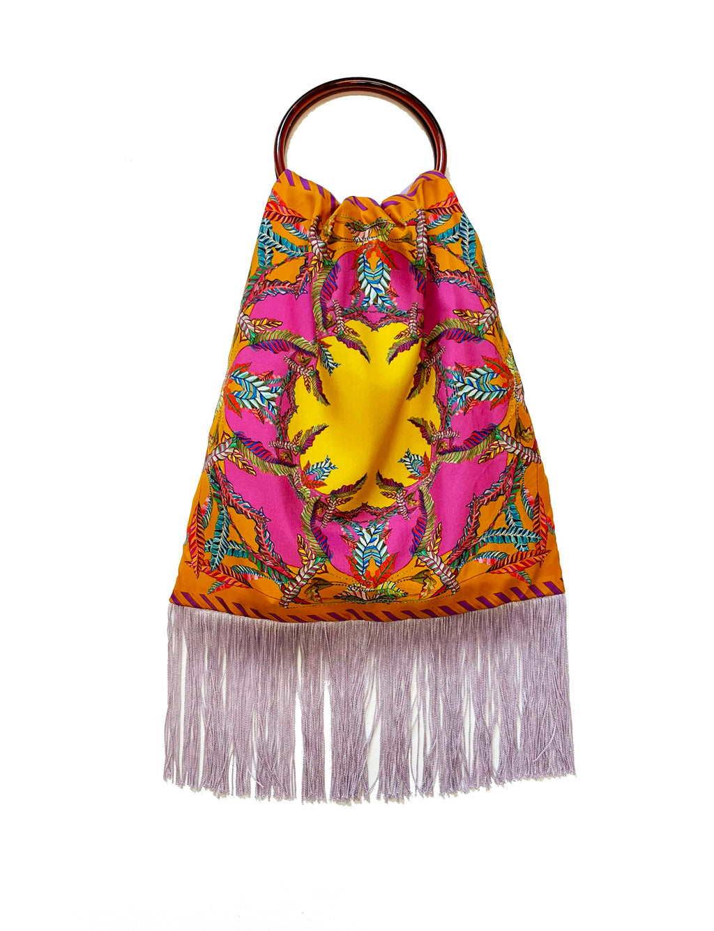 Sappho Orange & Lavender Large Silk Luxury Fringe Handbag Eleni Malami