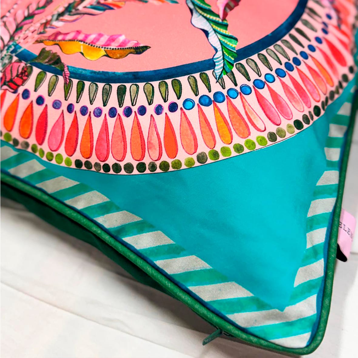 Sappho Turquoise Cushion - Luxury Handmade Tropical Print Eleni Malami