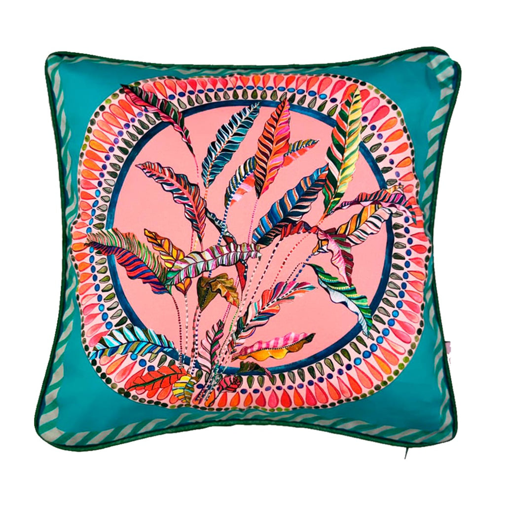 Sappho Turquoise Cushion - Luxury Handmade Tropical Print Eleni Malami